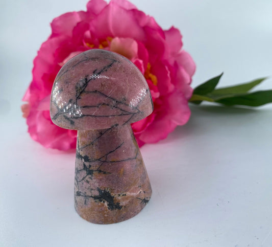 Polished Rhodonite Mushroom 157grams featuring pink tone with black veining - Luna Panther