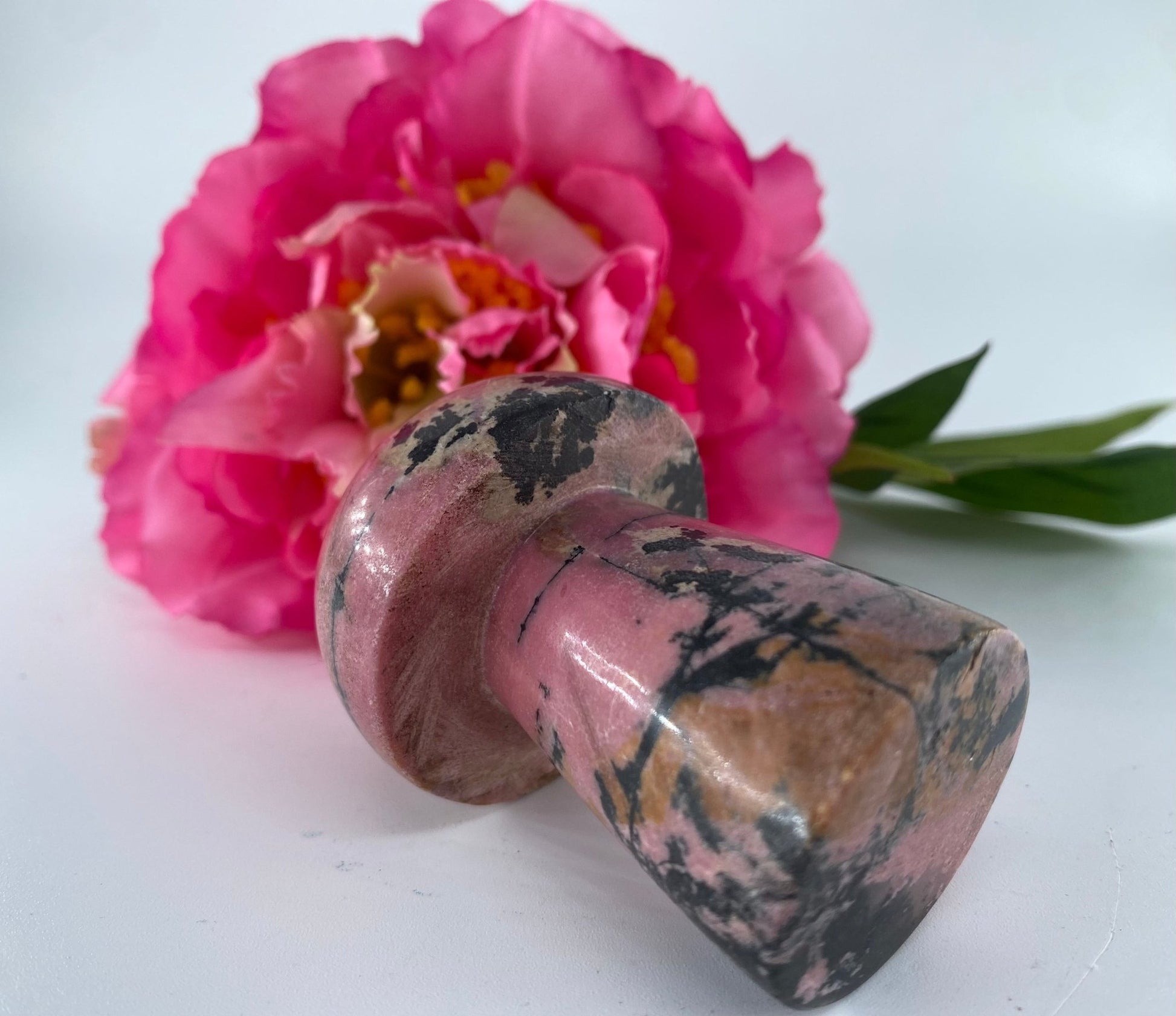 Polished Rhodonite Mushroom 195Grams featuring pink tone with black veining - Luna Panther