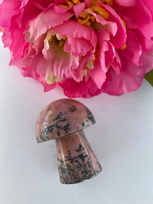 Polished Rhodonite Mushroom 85Grams featuring pink tone with black veining - Luna Panther alternate view