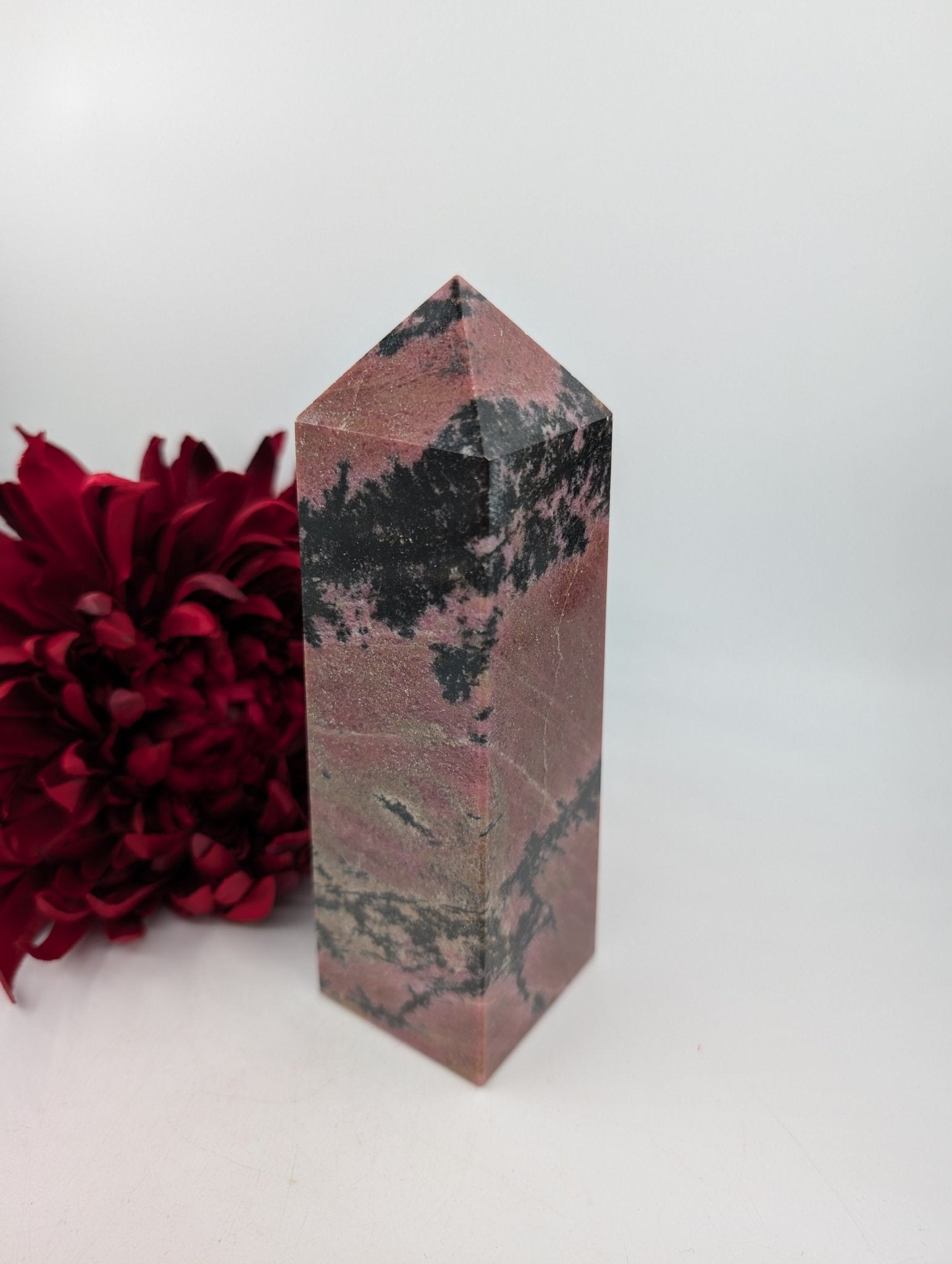 Polished Rhodonite Tower 1126g featuring pink tone with black veining - Luna Panther