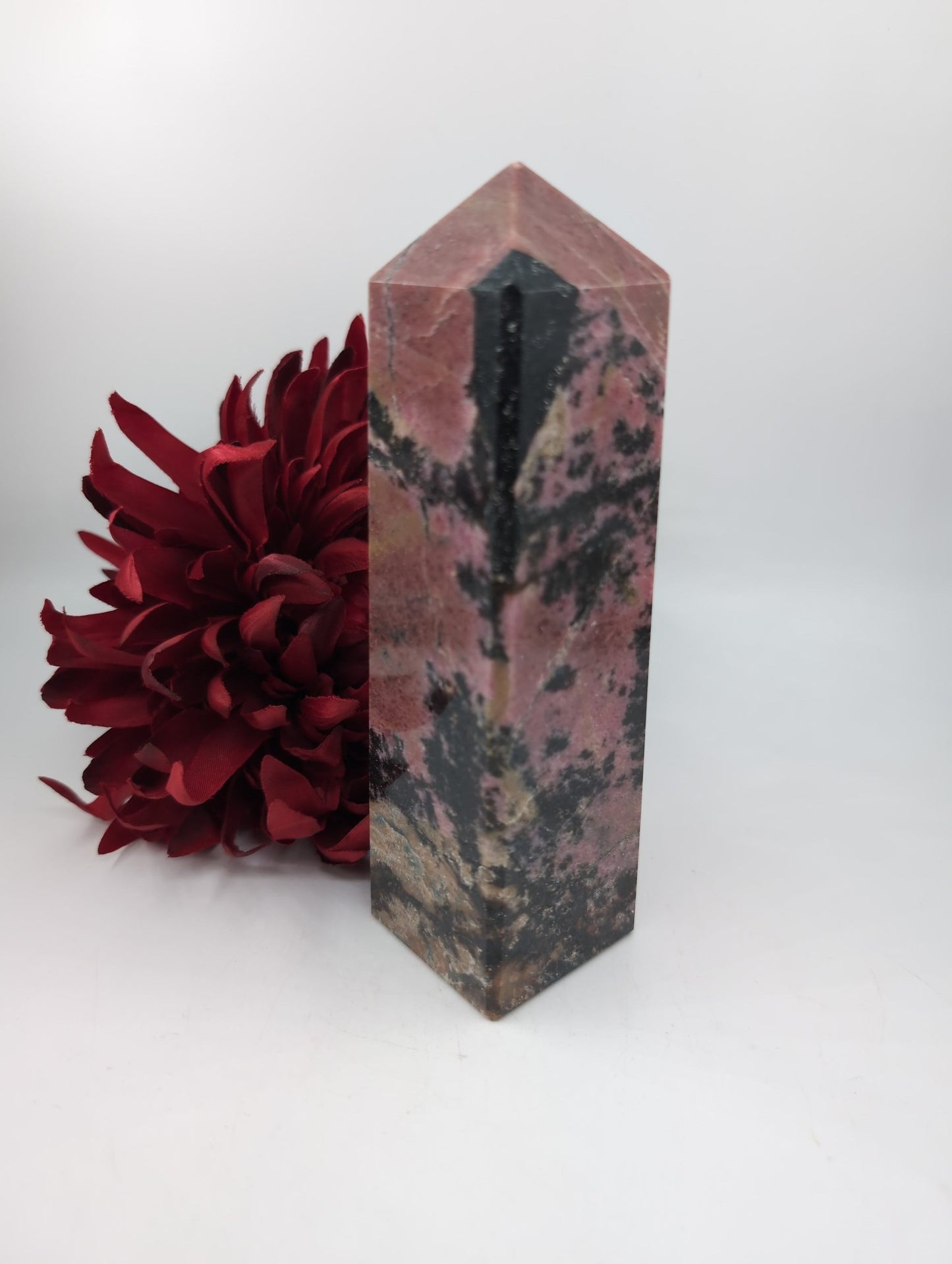 Polished Rhodonite Tower 922g featuring pink tone with black veining - Luna Panther