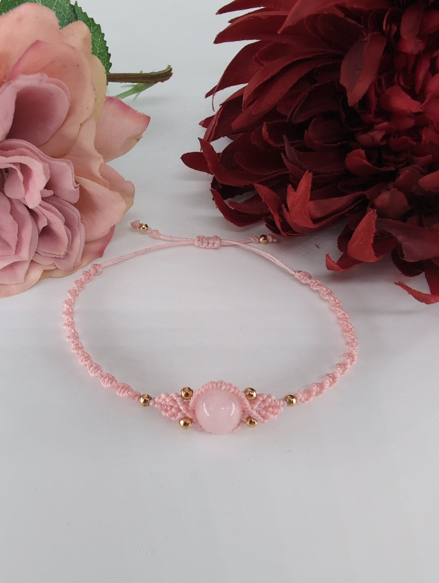 Polished Rose Quartz Pink Micro Macrame Bracelet featuring soft pink tone and gentle translucence - Luna Panther