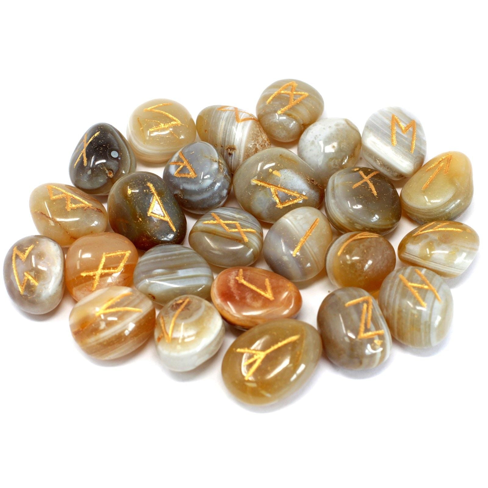 Polished Runes Stone Set in Pouch - Banded Agate featuring banded patterns and glossy finish - Luna Panther