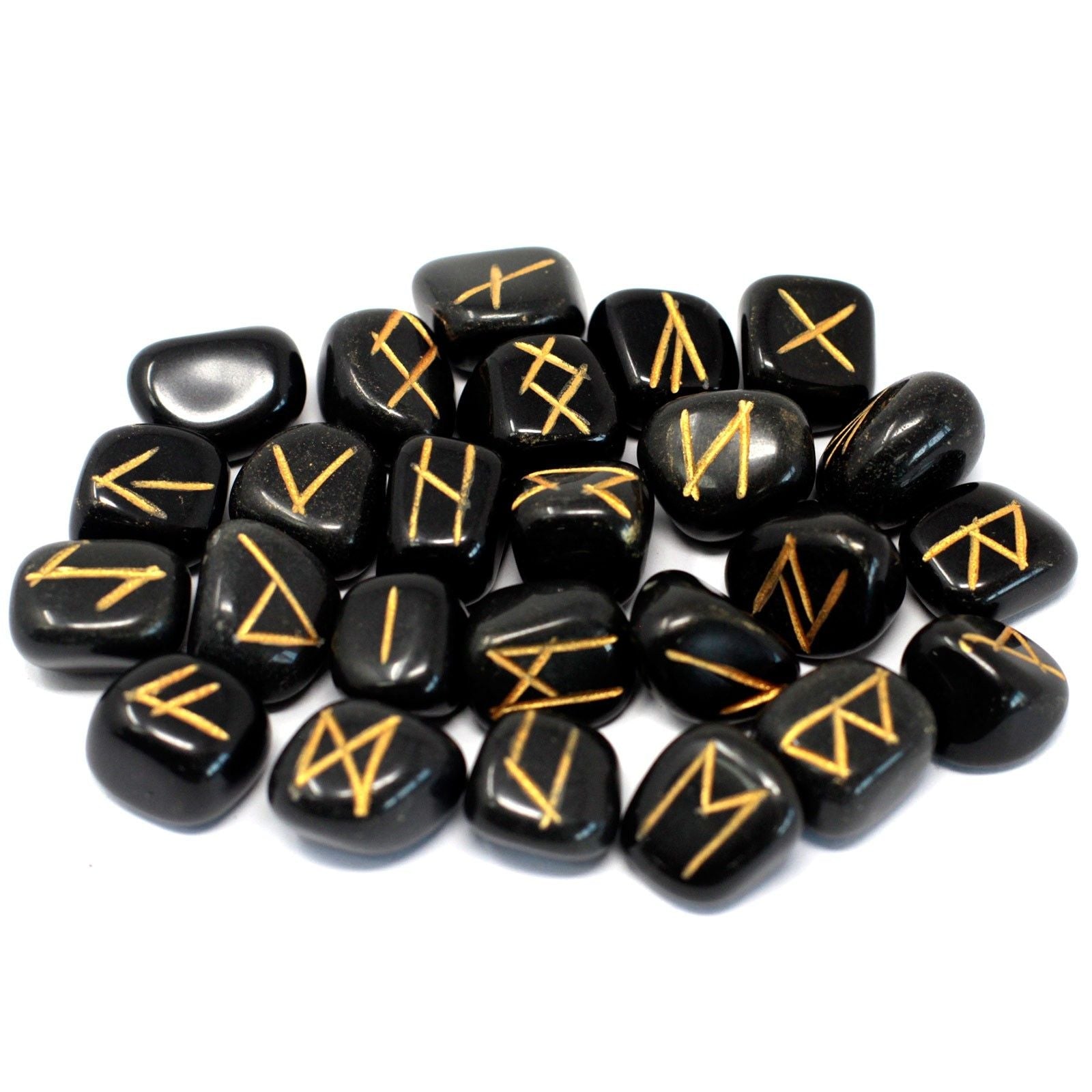 Polished Runes Stone Set in Pouch - Black Agate featuring banded patterns and glossy finish - Luna Panther