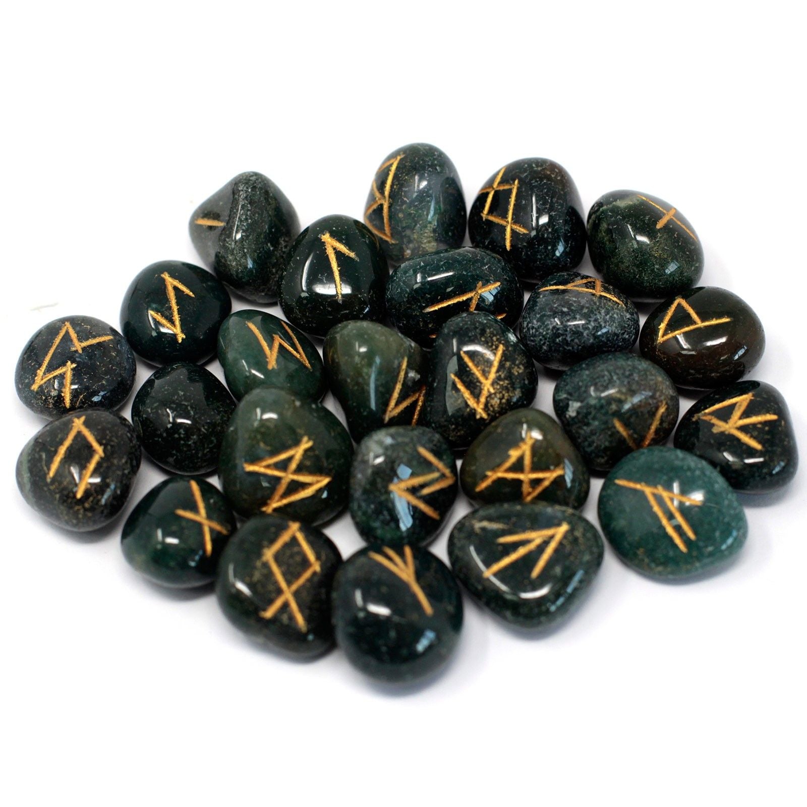 Polished Runes Stone Set in Pouch - Bloodstone featuring deep green base with red flecks - Luna Panther