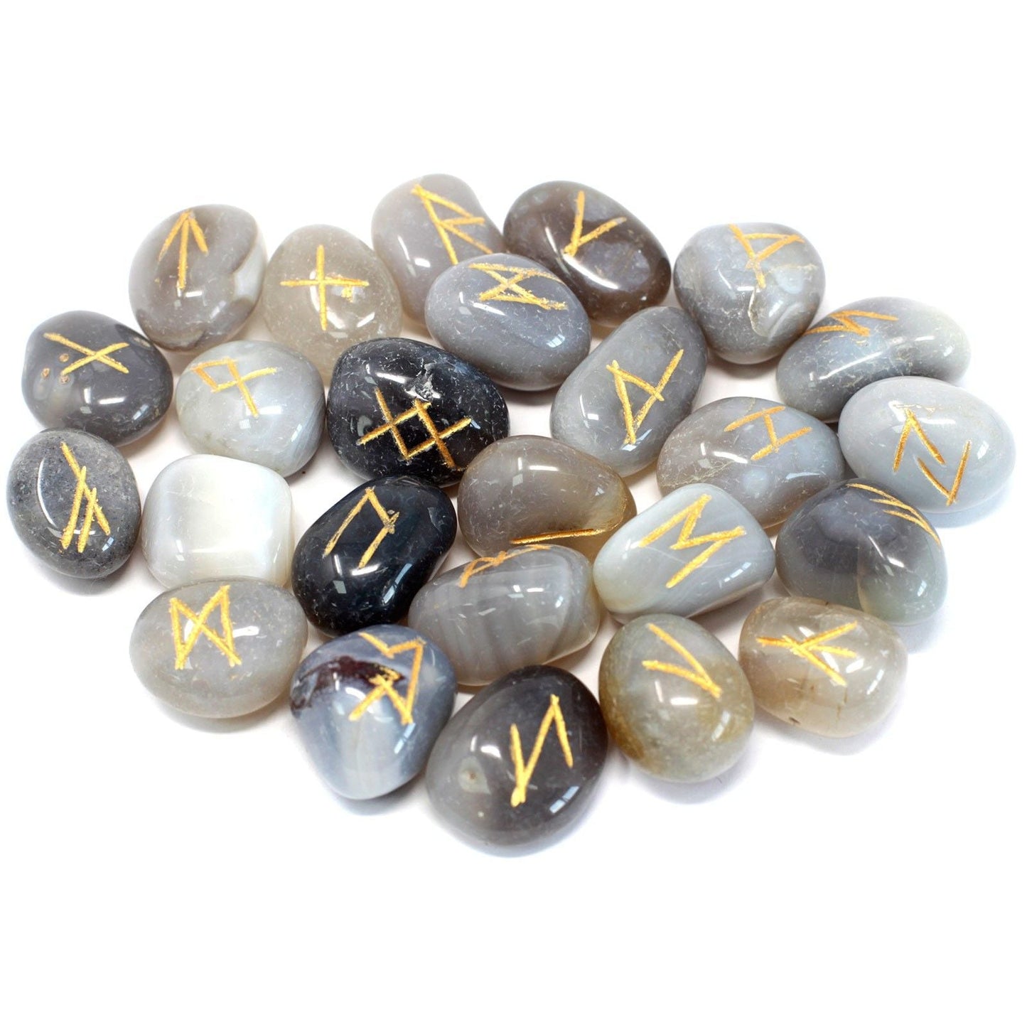 Polished Runes Stone Set in Pouch - Grey Agate featuring banded patterns and glossy finish - Luna Panther
