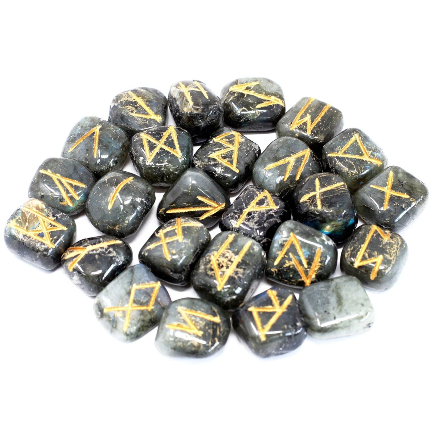 Polished Runes Stone Set in Pouch - Labradorite featuring blue flash and iridescent shimmer - Luna Panther
