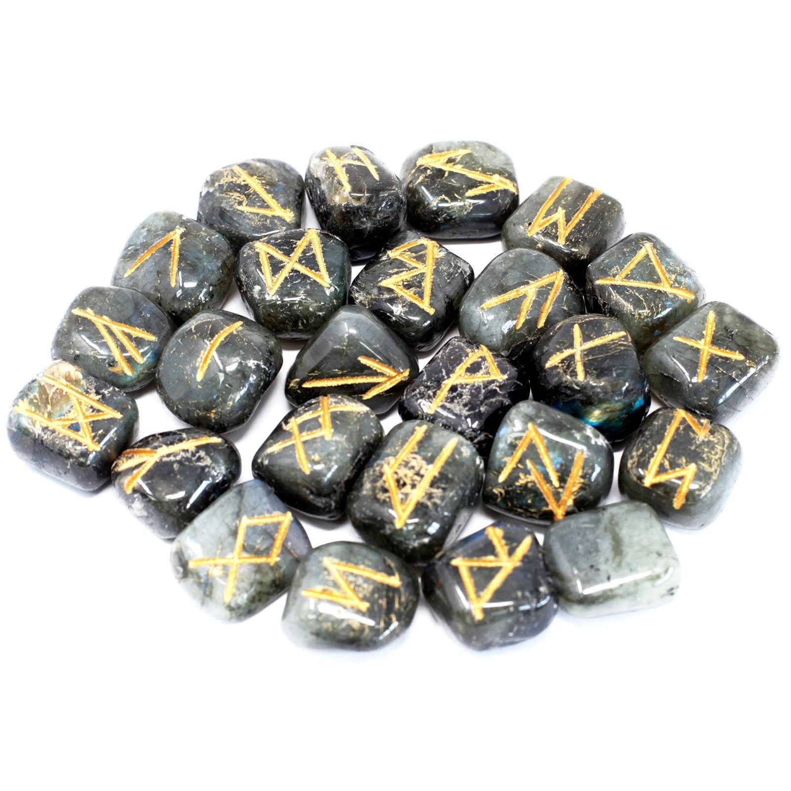 Polished Runes Stone Set in Pouch - Labradorite featuring blue flash and iridescent shimmer - Luna Panther