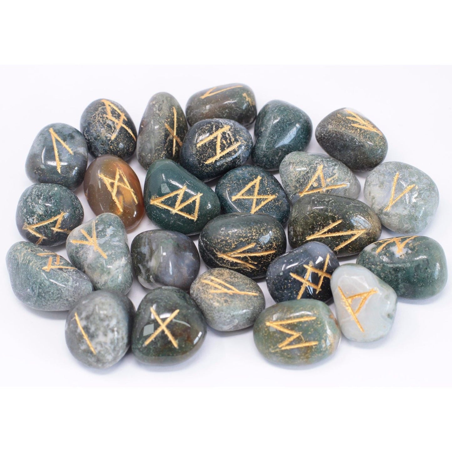 Polished Runes Stone Set in Pouch - Moss Agate featuring green mossy inclusions in translucent base - Luna Panther