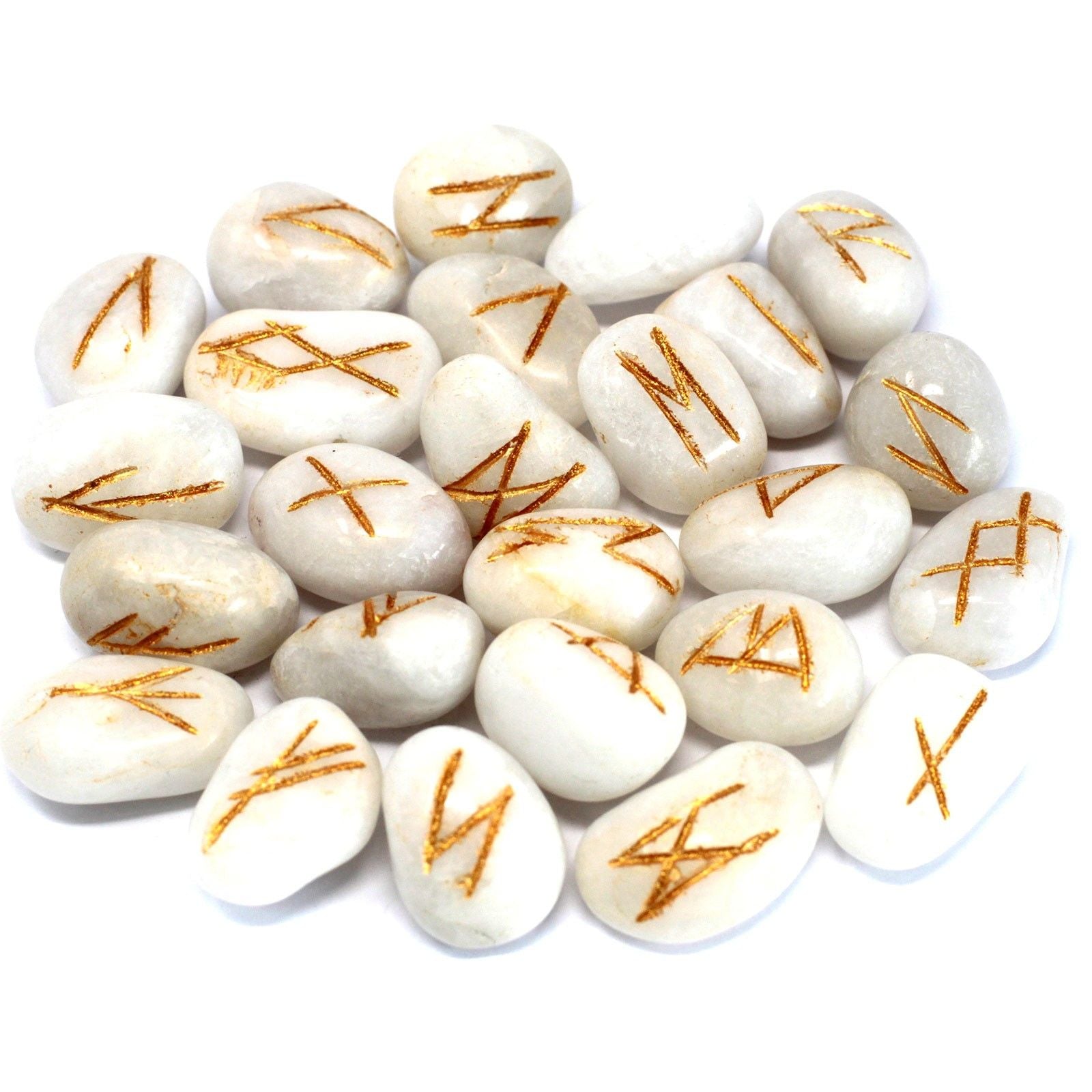 Polished Runes Stone Set in Pouch - White Agate featuring banded patterns and glossy finish - Luna Panther