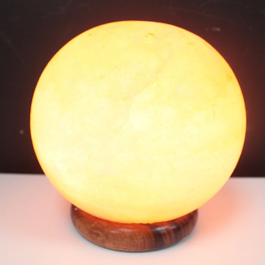 Polished Salt Lamp Ball - Big Wooden Base featuring natural patterning and unique variations - Luna Panther