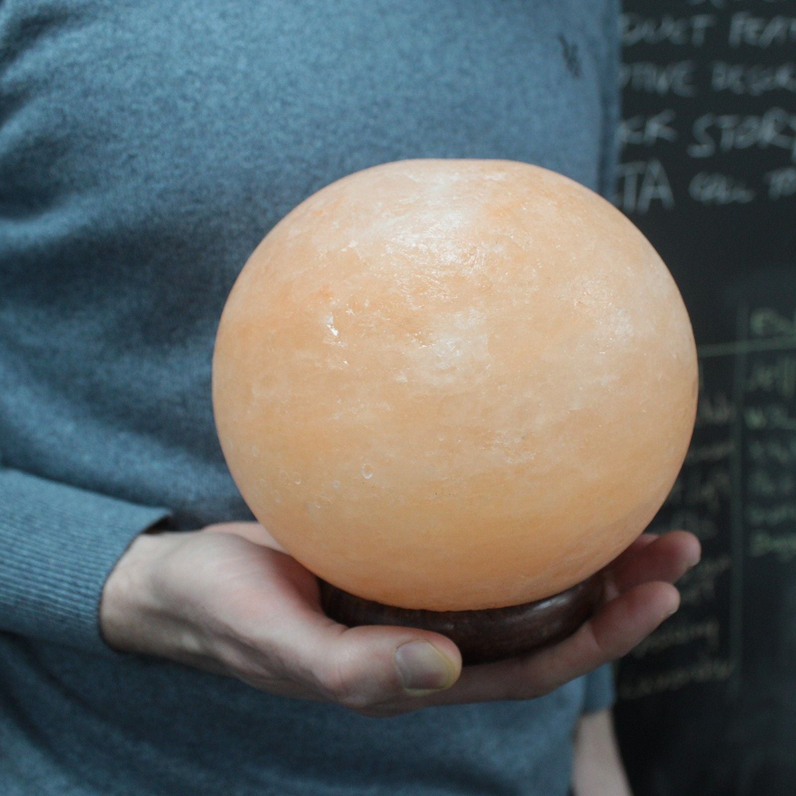 Polished Salt Lamp Ball Big Wooden Base 1 featuring natural patterning and unique variations - Luna Panther