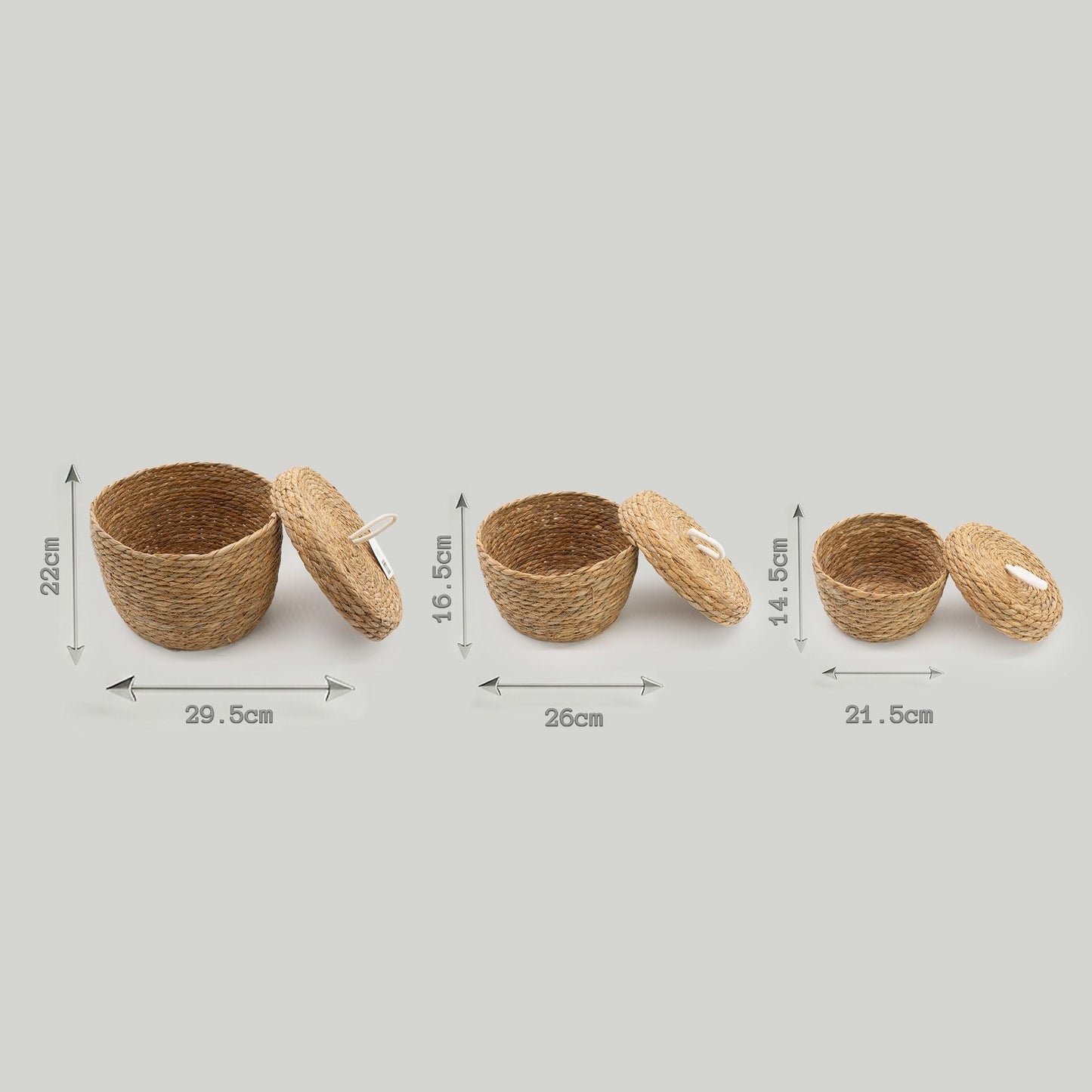 Seagrass & Cotton Round Baskets with Lids - Natural - Set of 3 - Luna Panther