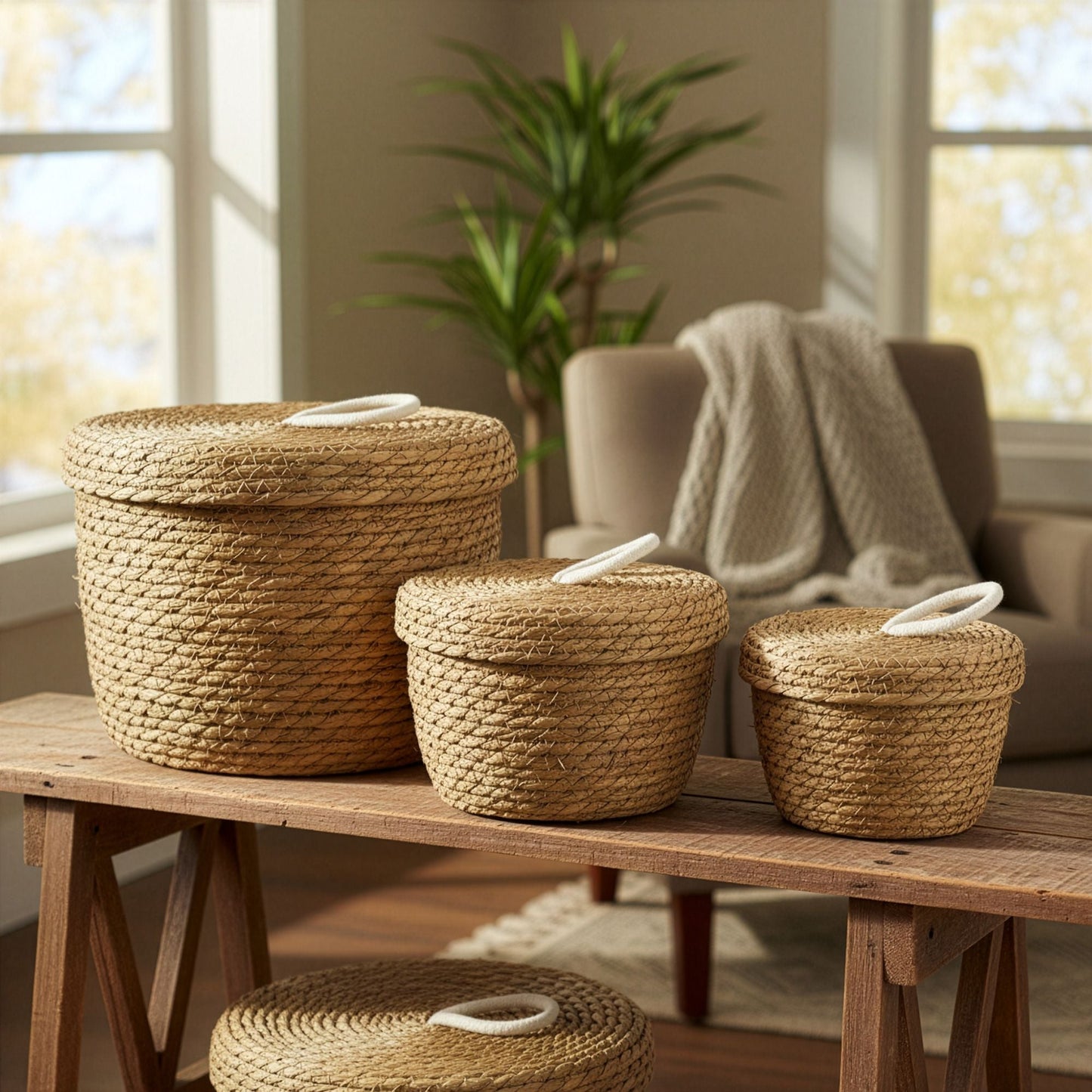 Seagrass & Cotton Round Baskets with Lids - Natural - Set of 3 - Luna Panther