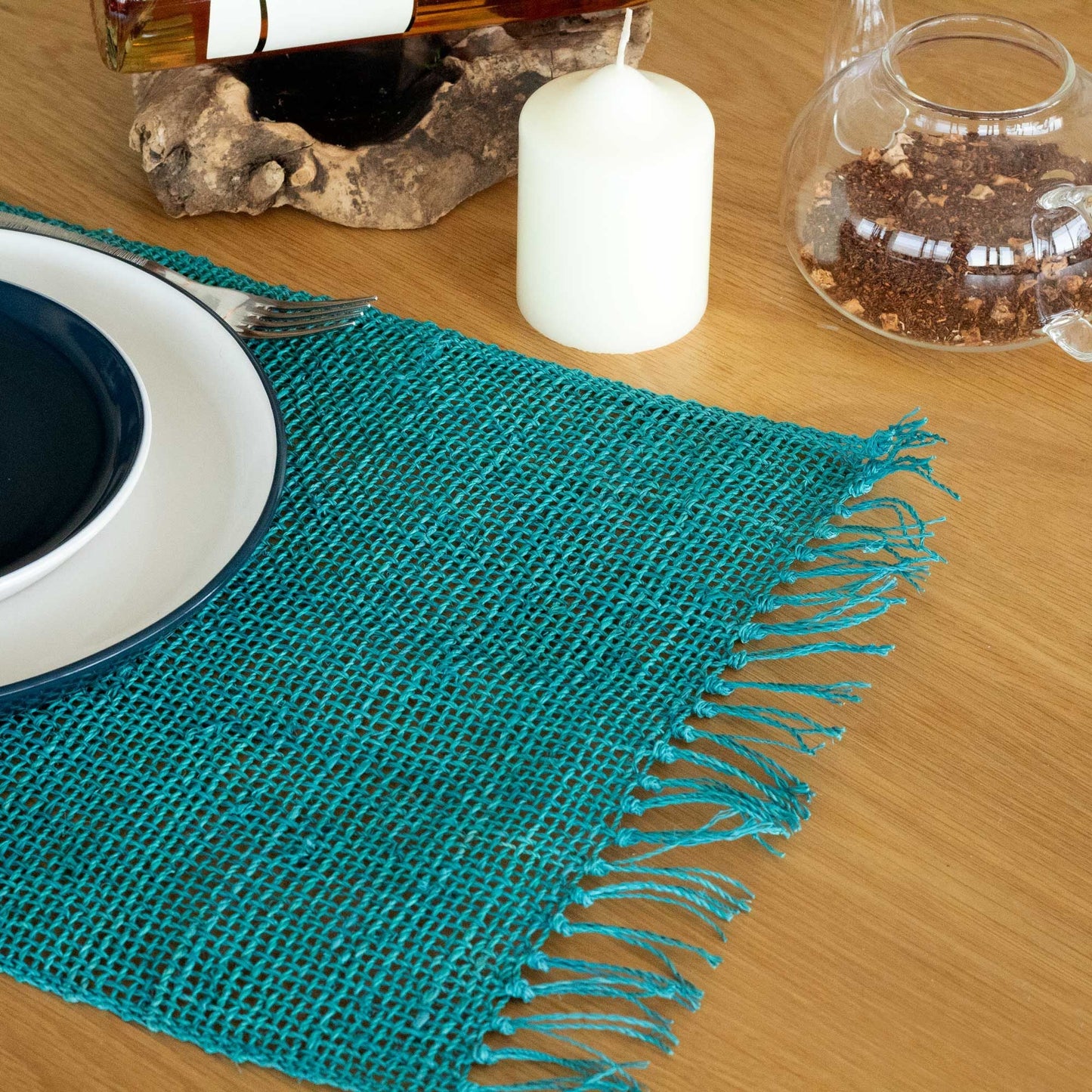 Seagrass Fringe Natural Placemat - Turquoise - Luna Panther