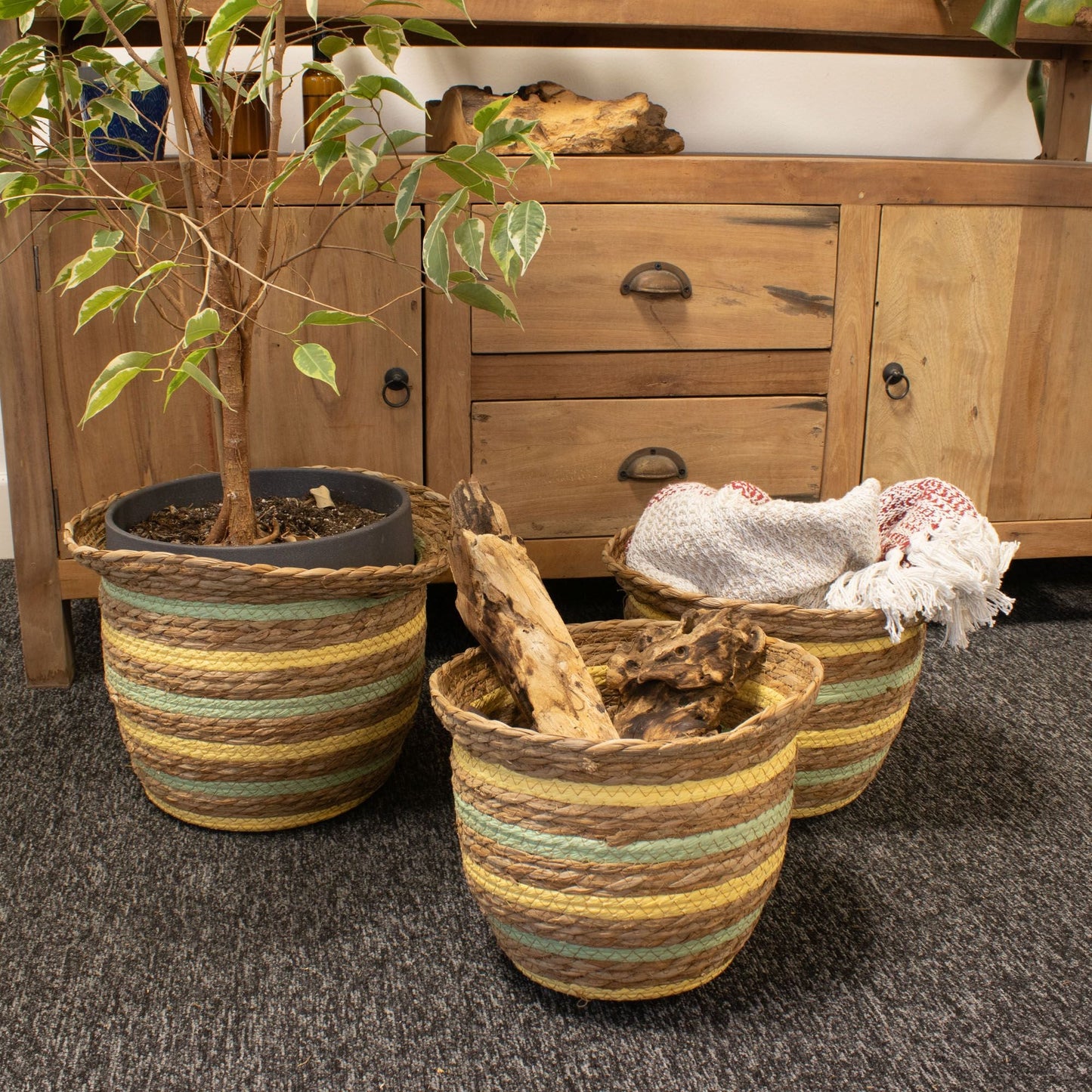 Seagrass & Straw Vase Shaped Baskets - Natural Yellow & Green - Set of 3 detail view 4 at Luna Panther