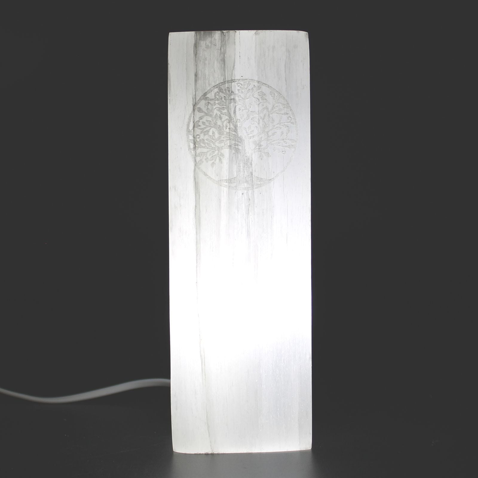 Polished Selenite Block Lamp 25Cm Tree Of Life featuring satin white sheen and fibrous texture - Luna Panther