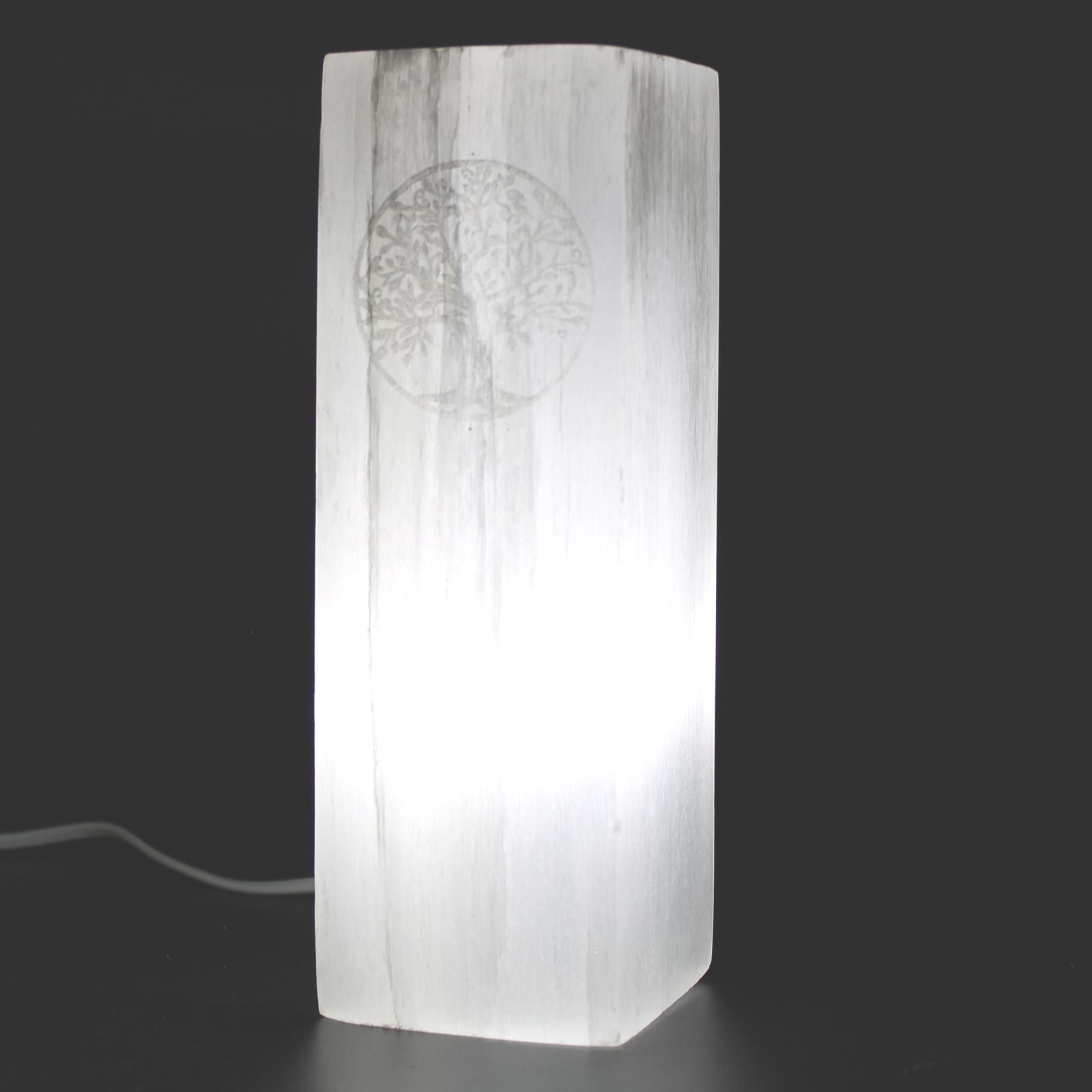 Polished Selenite Block Lamp 25Cm Tree Of Life featuring satin white sheen and fibrous texture - Luna Panther