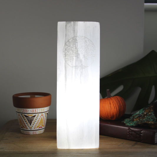 Polished Selenite Block Lamp 25cm - Tree of Life featuring satin white sheen and fibrous texture - Luna Panther