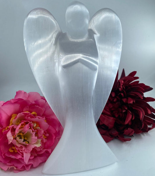 Polished Selenite Crystal Angel - Large featuring satin white sheen and fibrous texture - Luna Panther