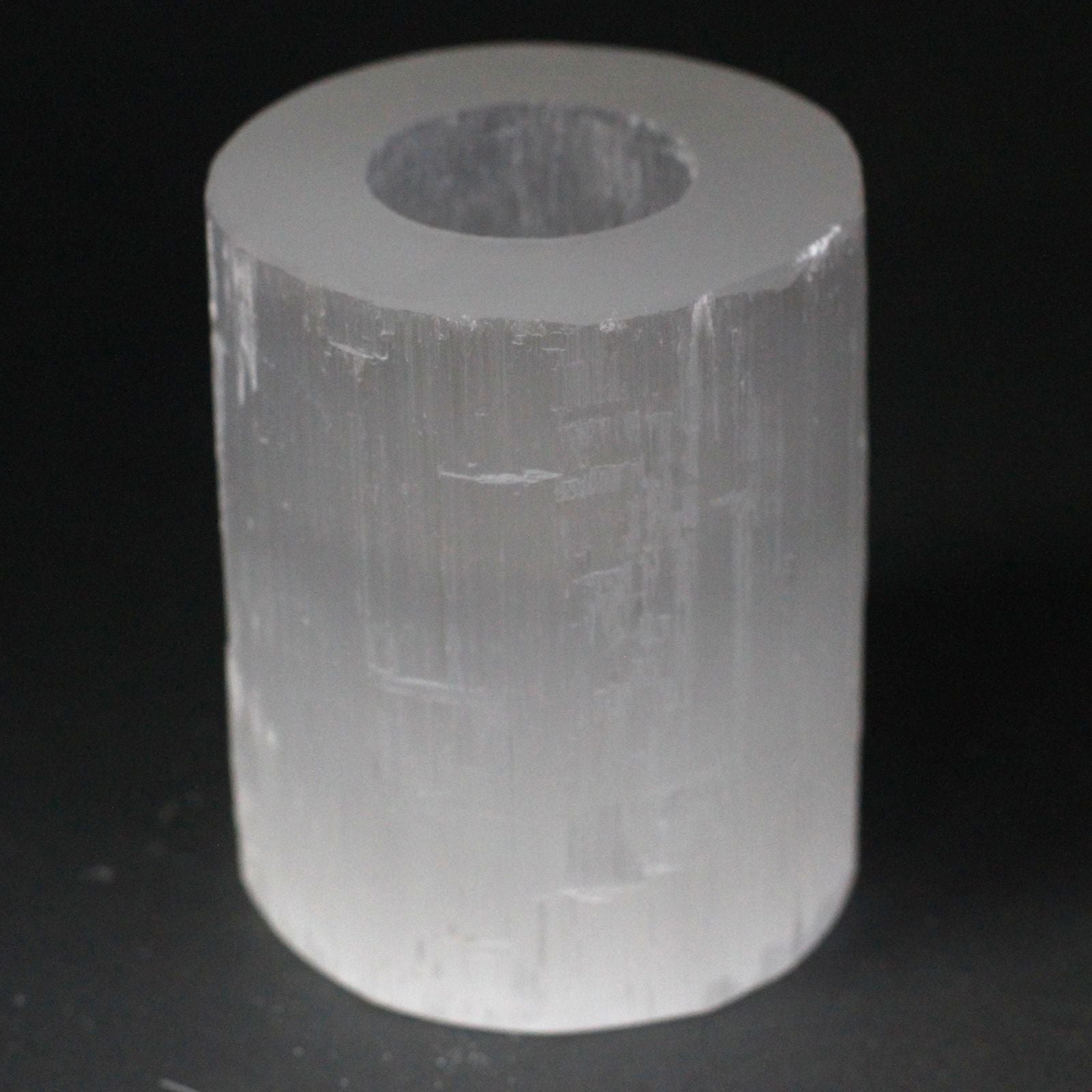 Polished Selenite Cylinder Candle Holder - 10 cm featuring satin white sheen and fibrous texture - Luna Panther