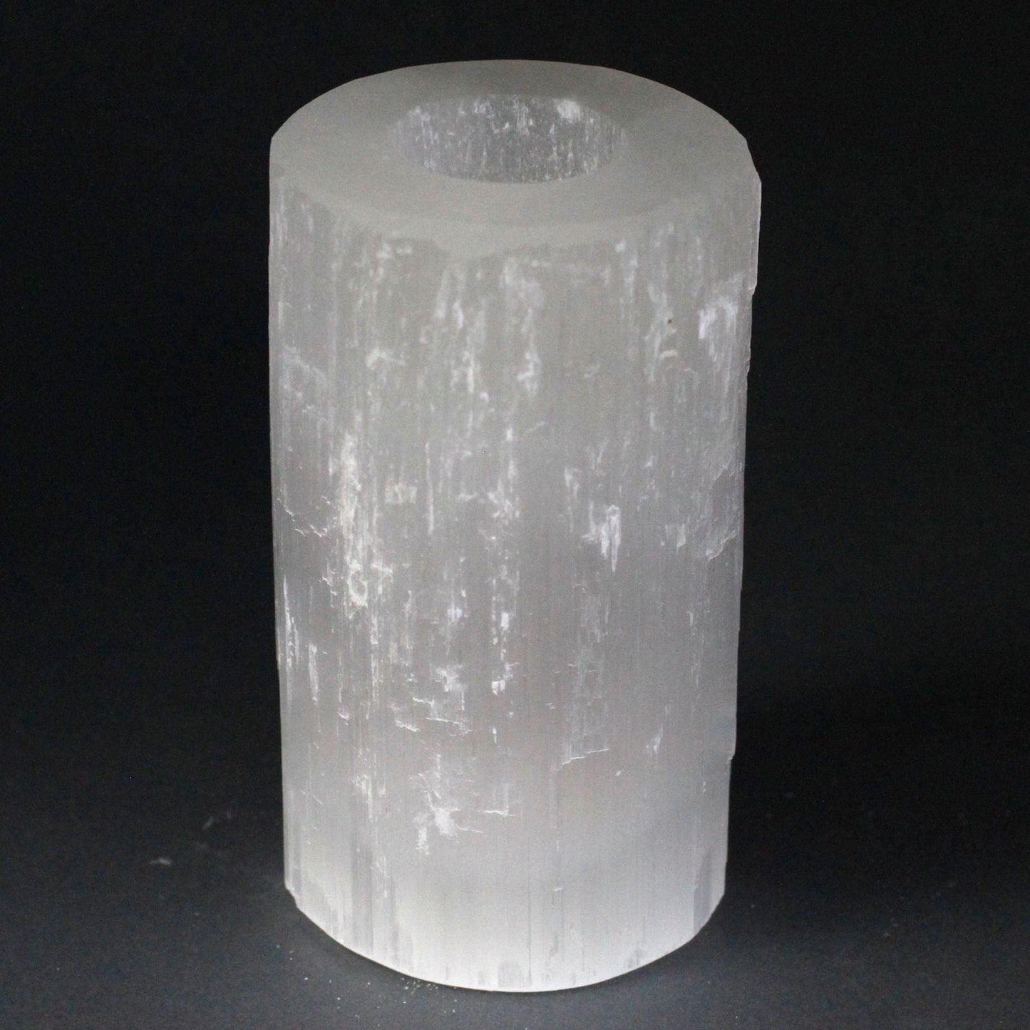Polished Selenite Cylinder Candle Holder - 15 cm featuring satin white sheen and fibrous texture - Luna Panther