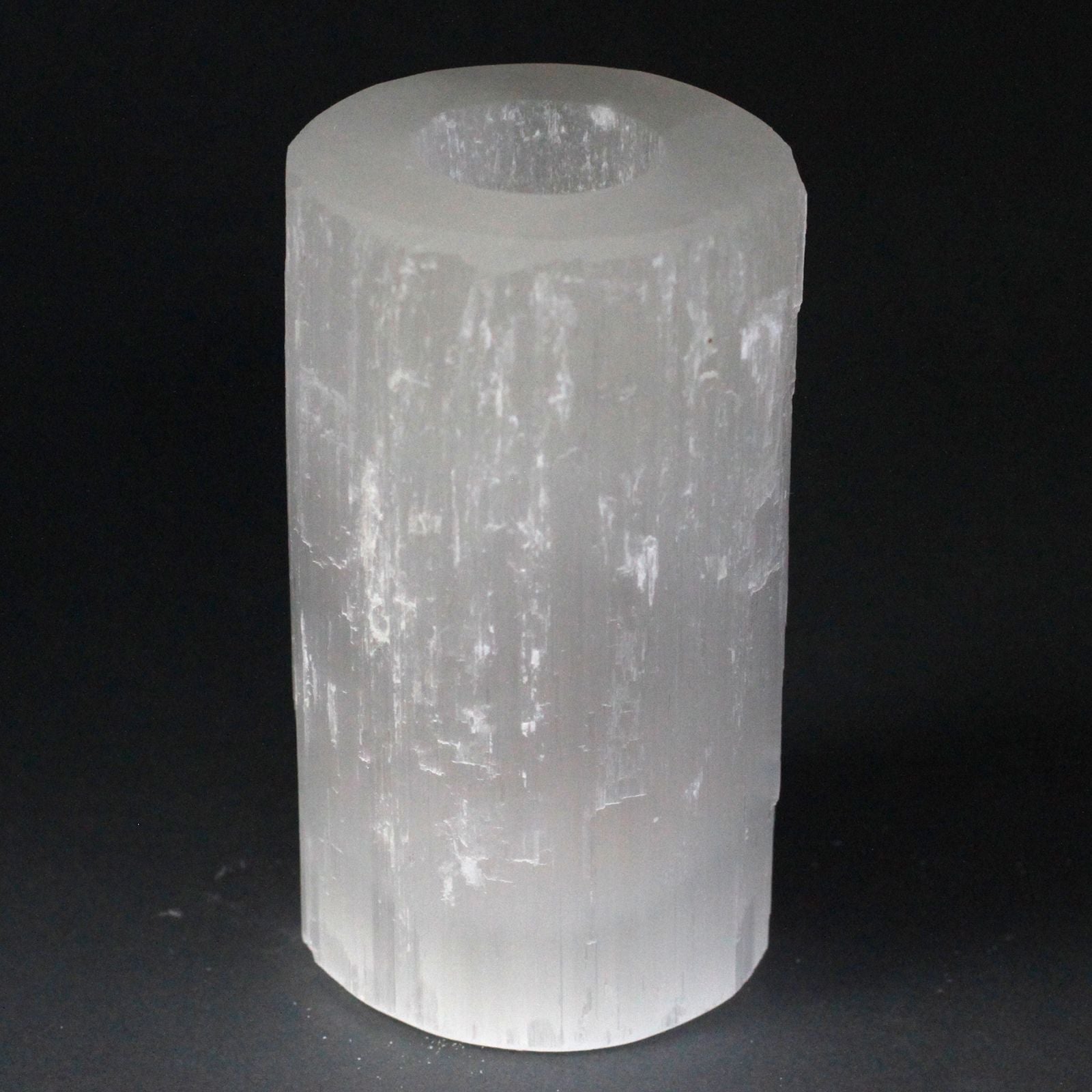 Polished Selenite Cylinder Candle Holder - 15 cm featuring satin white sheen and fibrous texture - Luna Panther