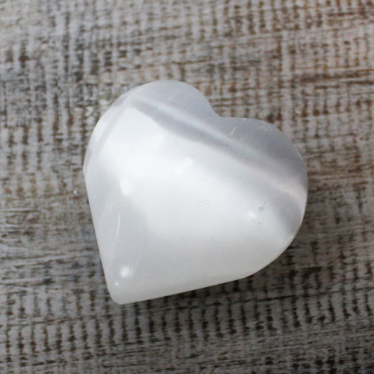 Polished Selenite Heart - 5-6 cm featuring satin white sheen and fibrous texture - Luna Panther