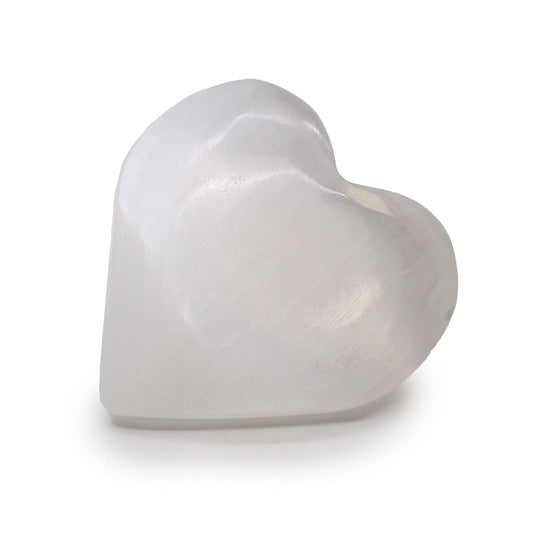 Polished Selenite Heart - 7-8cm featuring satin white sheen and fibrous texture - Luna Panther
