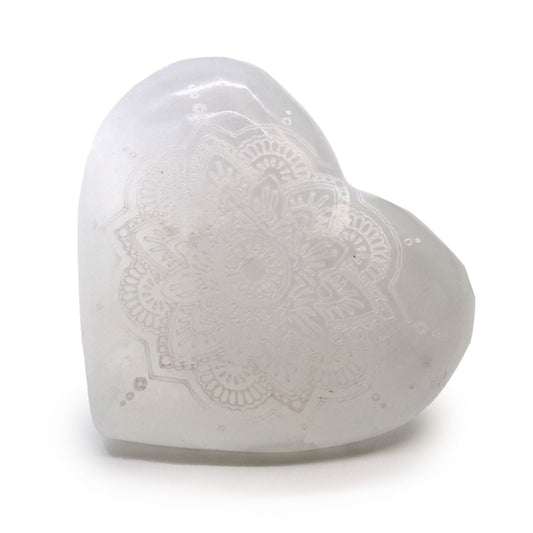 Polished Selenite Heart - 7-8cm - Mandala Engraved featuring satin white sheen and fibrous texture - Luna Panther