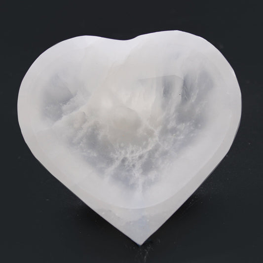Polished Selenite Heart Bowl - 10cm featuring satin white sheen and fibrous texture - Luna Panther