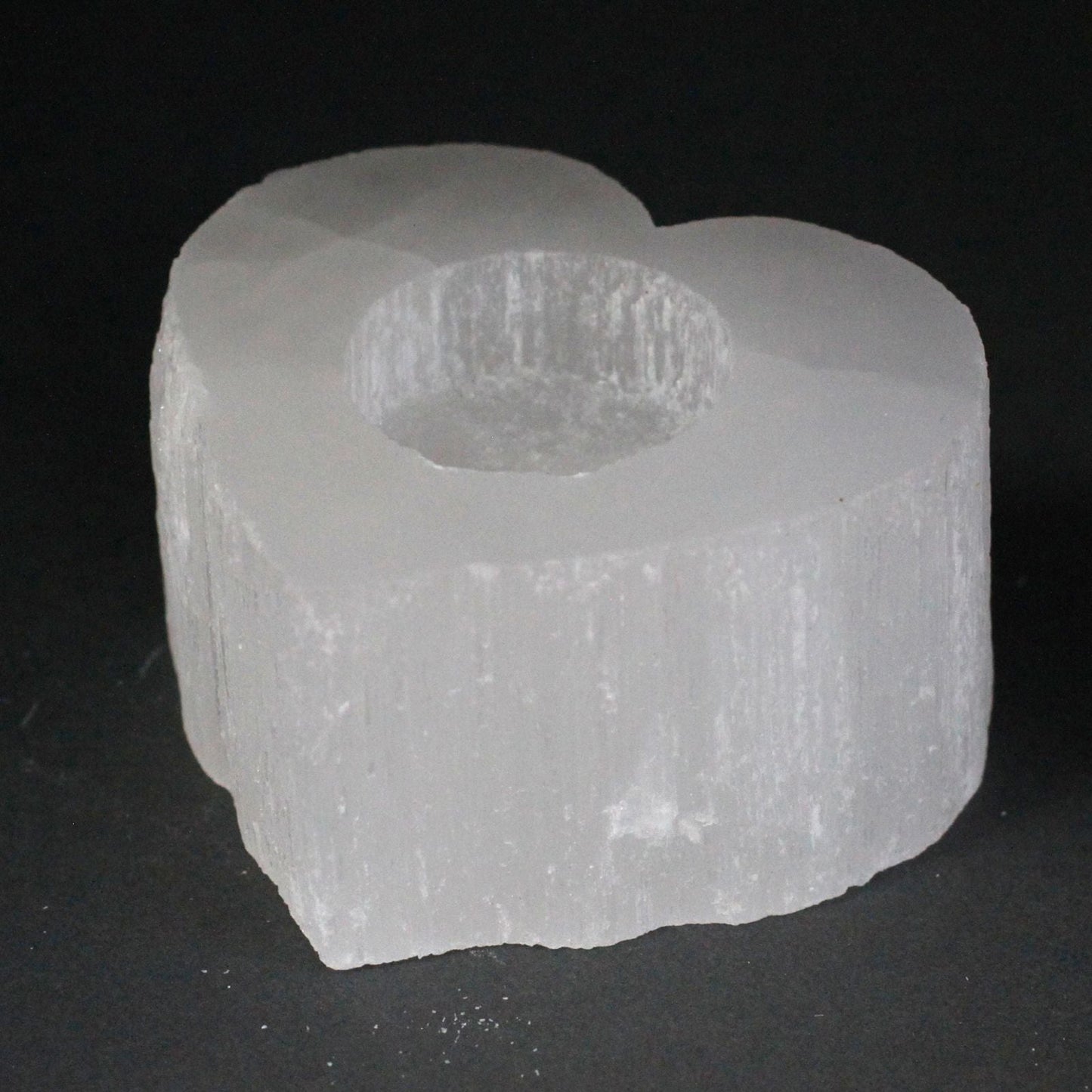 Polished Selenite Heart Candle Holder featuring satin white sheen and fibrous texture - Luna Panther