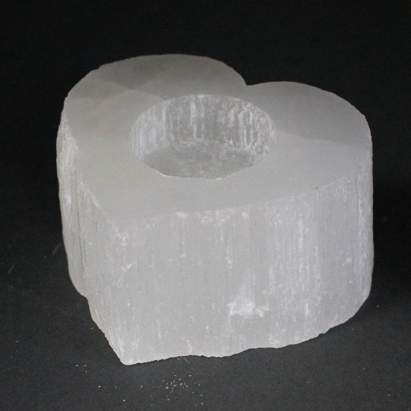Polished Selenite Heart Candle Holder featuring satin white sheen and fibrous texture - Luna Panther