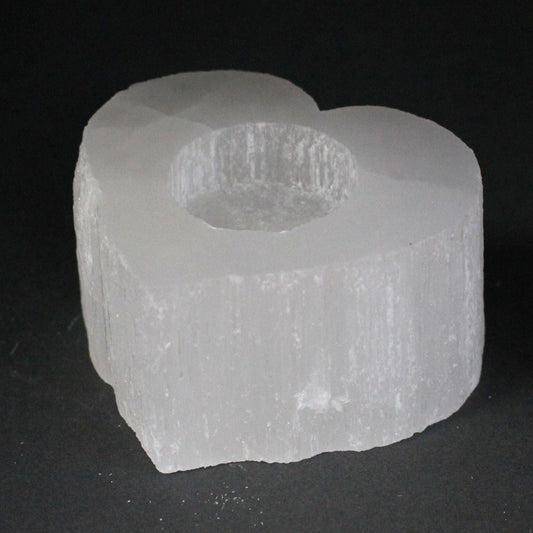 Polished Selenite Heart Candle Holder featuring satin white sheen and fibrous texture - Luna Panther