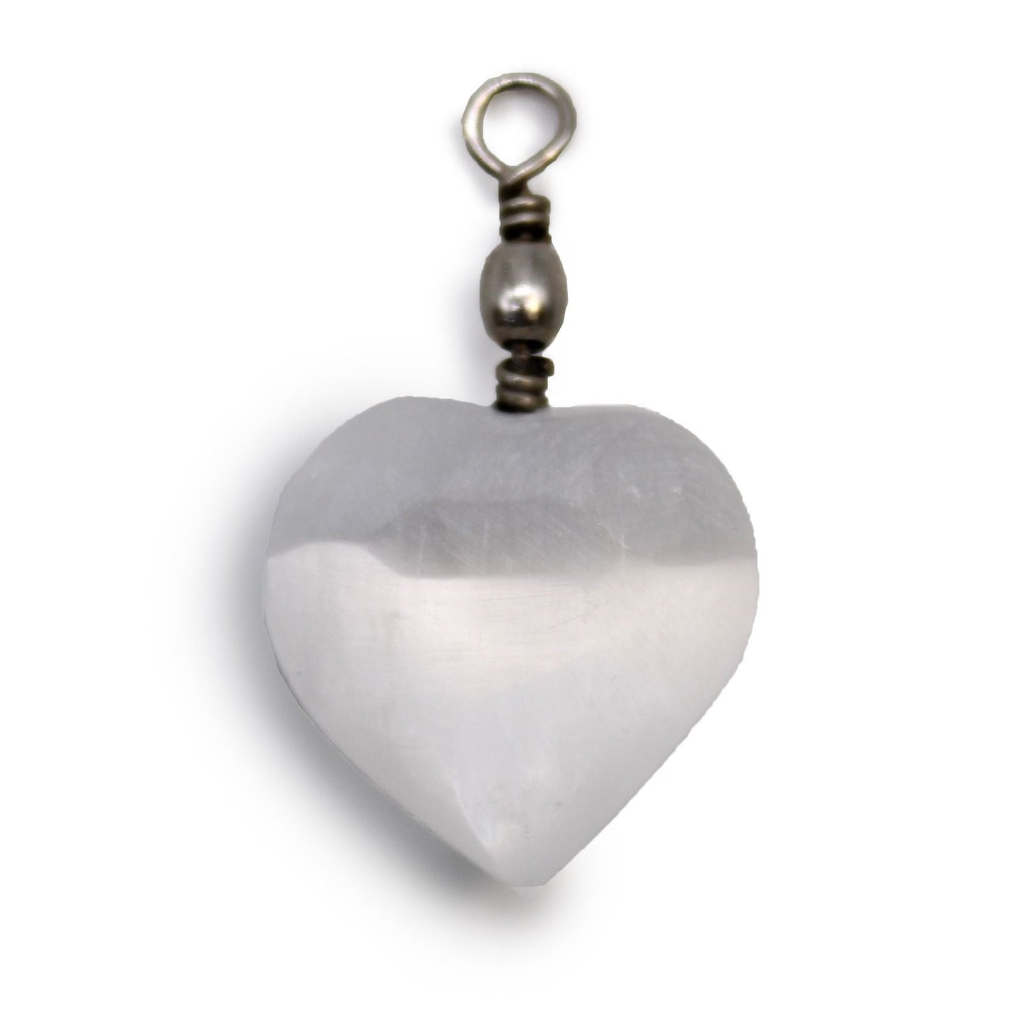 Polished Selenite Heart Pendant featuring satin white sheen and fibrous texture - Luna Panther