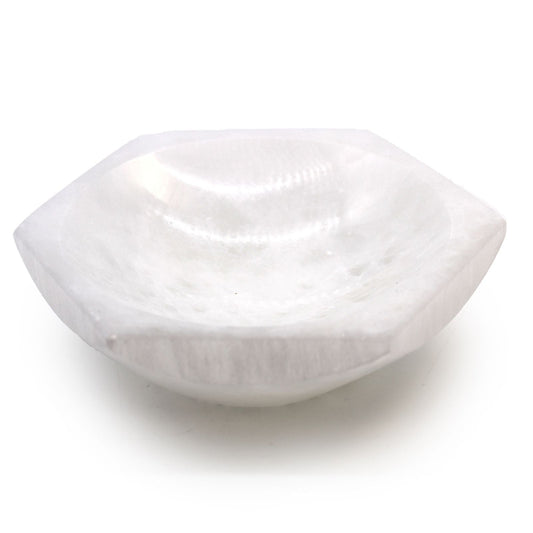 Polished Selenite Hex Bowl - 15cm featuring satin white sheen and fibrous texture - Luna Panther