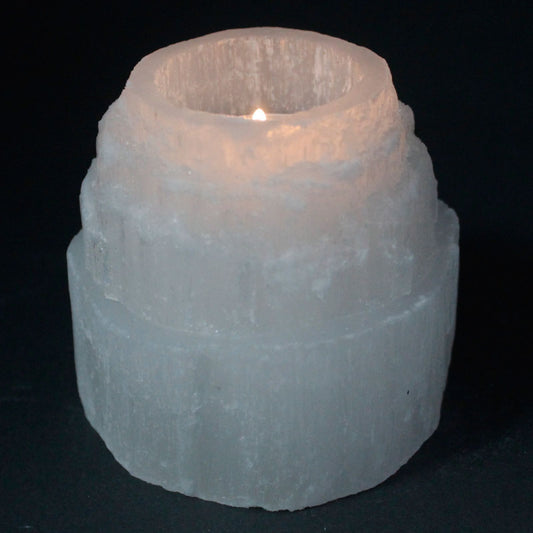 Polished Selenite Mountain Top Candle Holder - 8 cm featuring satin white sheen and fibrous texture - Luna Panther
