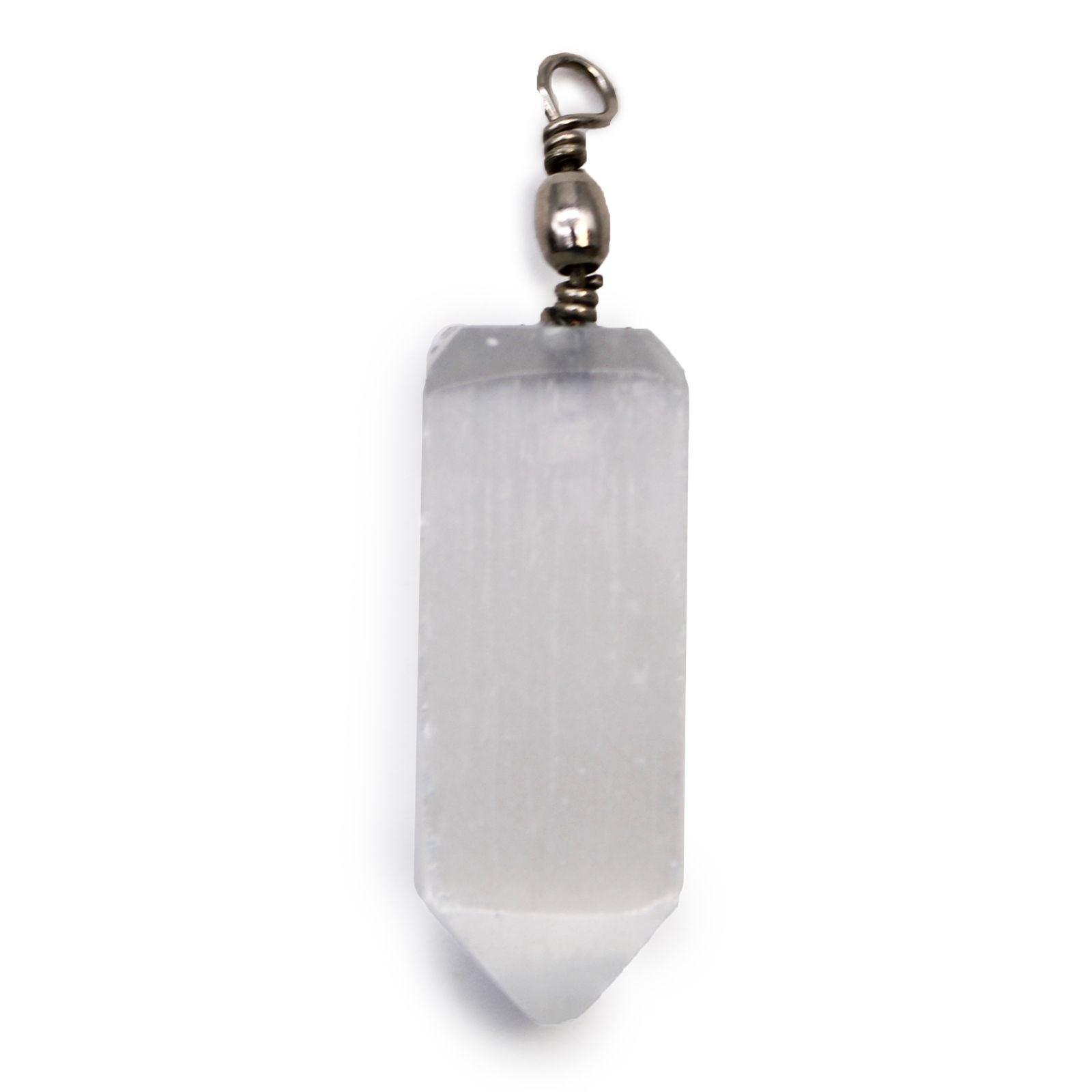 Polished Selenite Obelisk Pendant featuring satin white sheen and fibrous texture - Luna Panther