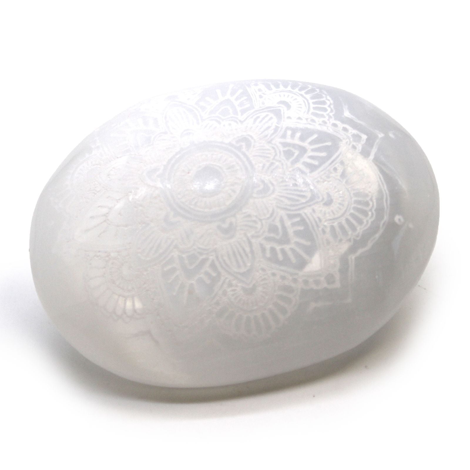 Polished Selenite Palm Stone - Mandala Engraved featuring satin white sheen and fibrous texture - Luna Panther