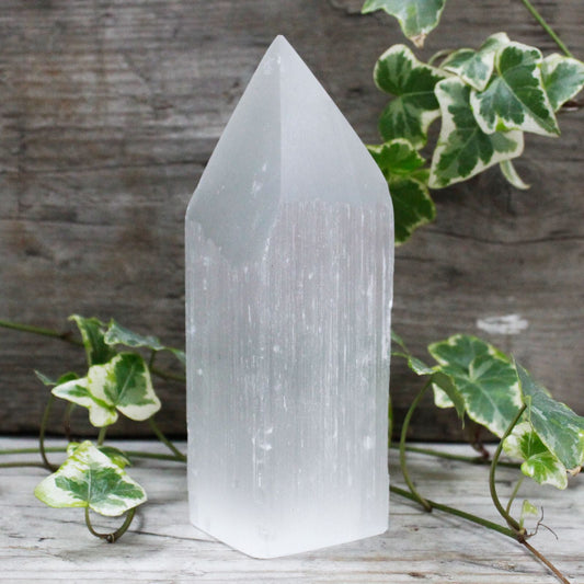 Polished Selenite Pencil Point Tower - 15 cm featuring satin white sheen and fibrous texture - Luna Panther