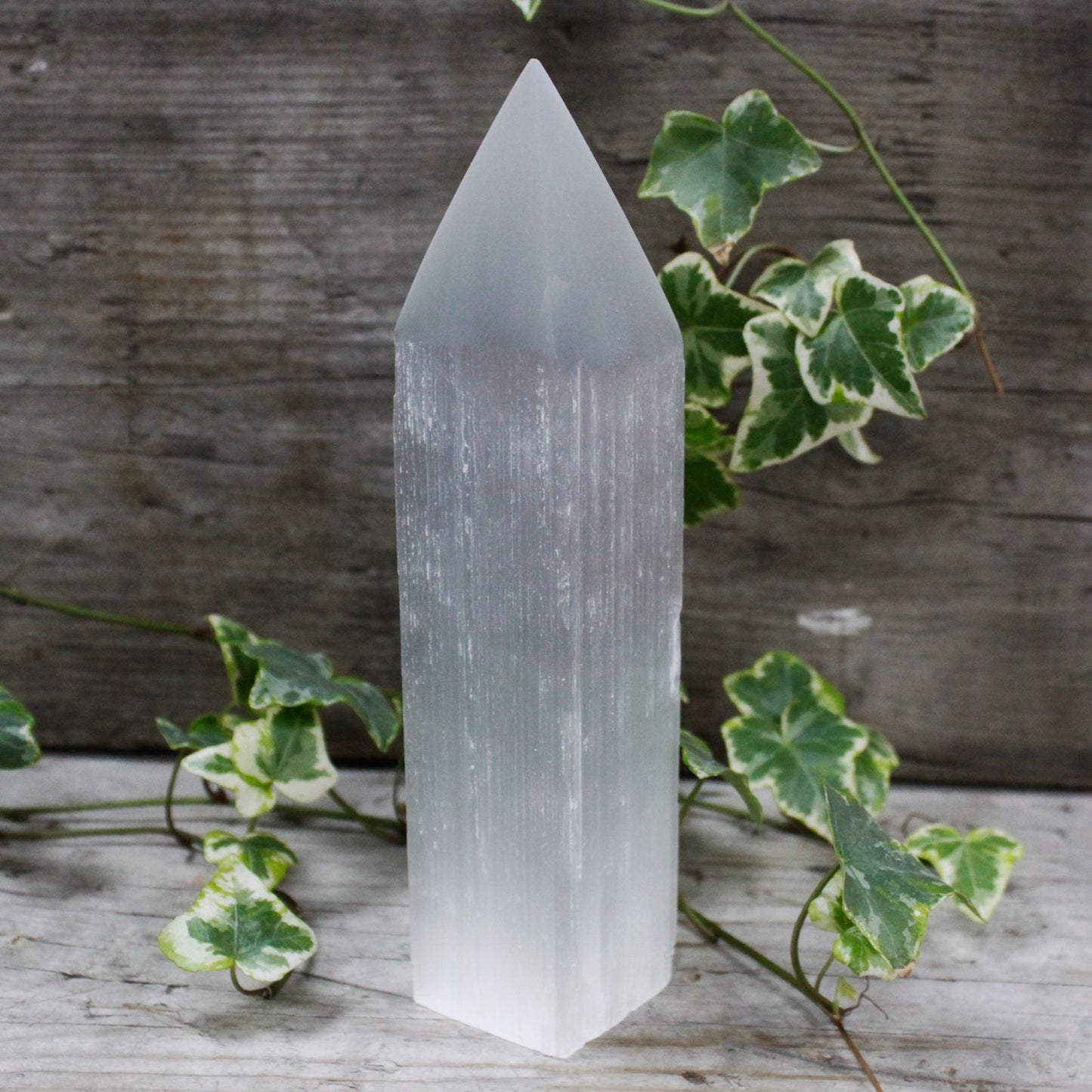 Polished Selenite Pencil Point Tower - 20 cm featuring satin white sheen and fibrous texture - Luna Panther