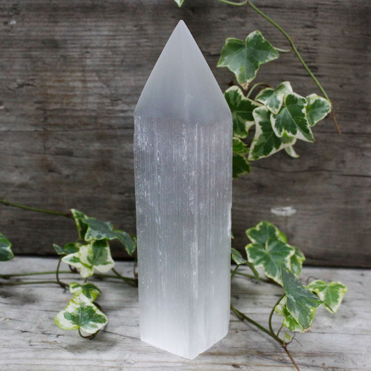 Polished Selenite Pencil Point Tower - 20 cm featuring satin white sheen and fibrous texture - Luna Panther