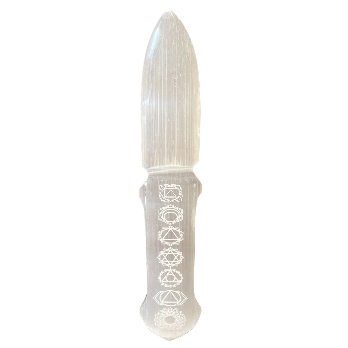 Polished Selenite Ritual Knife - Chakra featuring satin white sheen and fibrous texture - Luna Panther