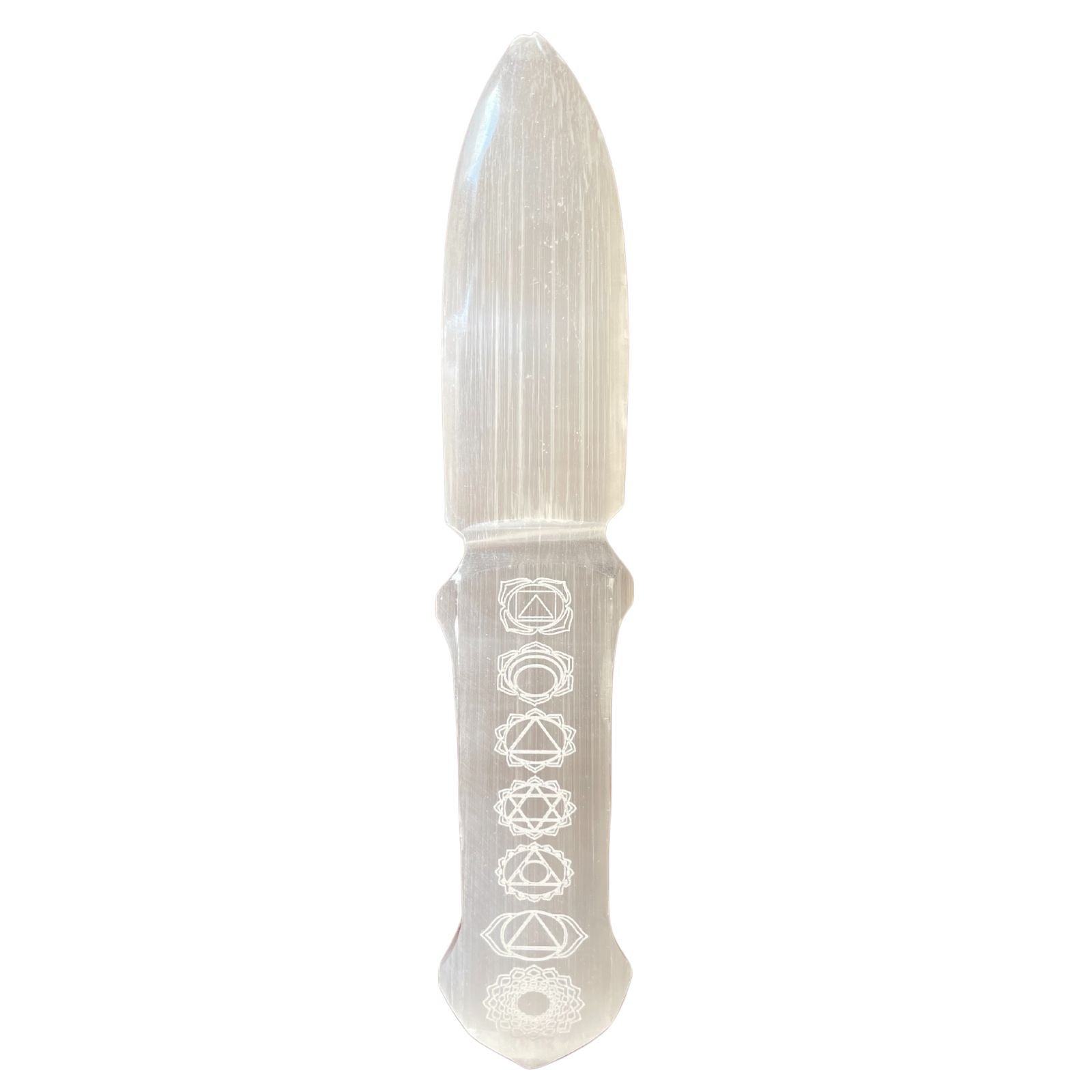 Polished Selenite Ritual Knife - Chakra featuring satin white sheen and fibrous texture - Luna Panther