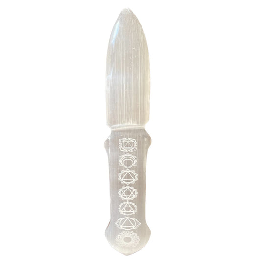 Polished Selenite Ritual Knife - Chakra featuring satin white sheen and fibrous texture - Luna Panther
