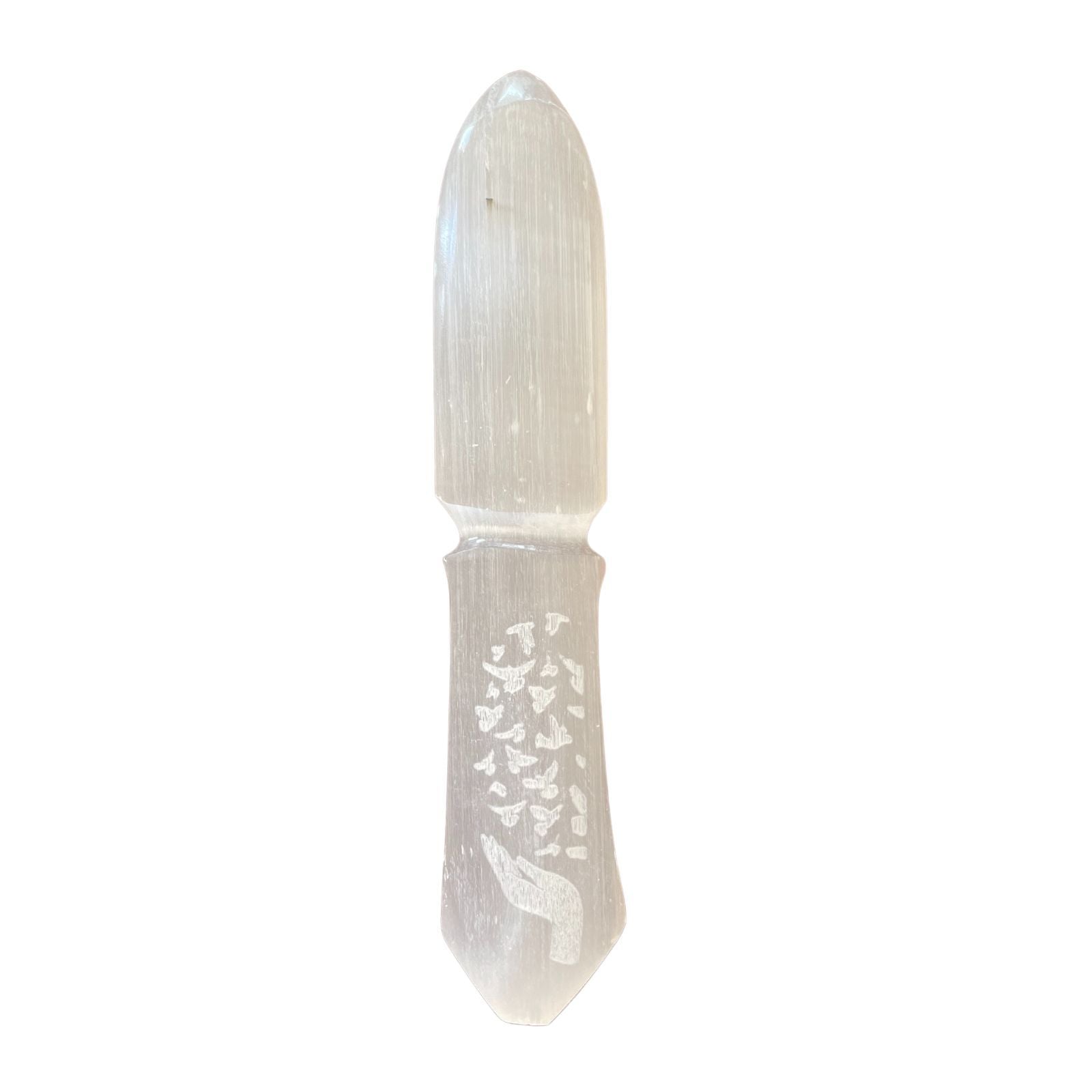 Polished Selenite Ritual Knife - Releasing Bonds featuring satin white sheen and fibrous texture - Luna Panther