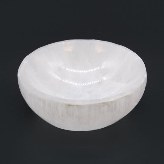 Polished Selenite Round Bowl - 10cm featuring satin white sheen and fibrous texture - Luna Panther