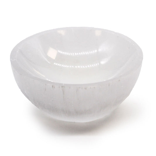 Polished Selenite Round Bowl - 8cm featuring satin white sheen and fibrous texture - Luna Panther