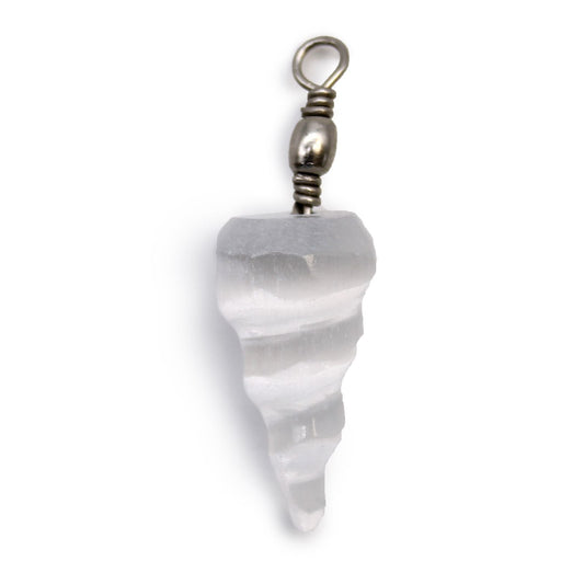 Polished Selenite Spiral Pendant featuring satin white sheen and fibrous texture - Luna Panther