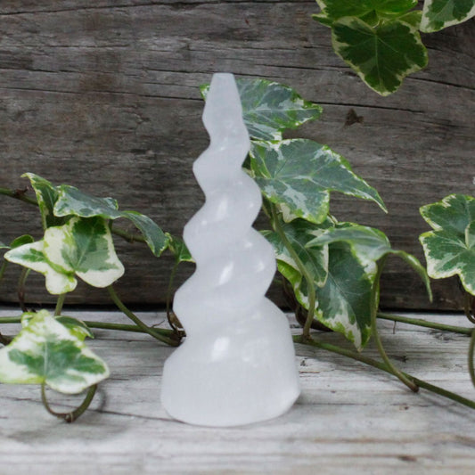 Polished Selenite Spiral Unicorn Horn Tower - 10 cm featuring satin white sheen and fibrous texture - Luna Panther